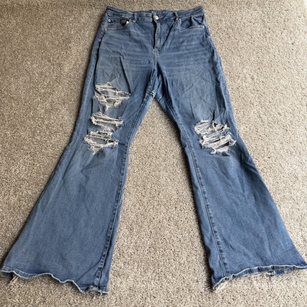 American Eagle Outfitters Flare Jeans Womens 14 Med Wash Blue Distressed Denim